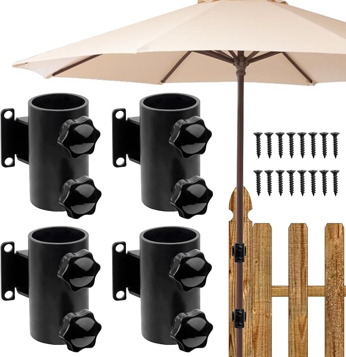 MOOKEERF Umbrella Deck Mount - 4 PCS Heavy Duty Patio Umbrella Holder (Fits Umbrellas up to 2") Umbrella Clamp Mount Bracket for Deck Railing,Docks,Balcony,Outdoor Courtyard,Fences