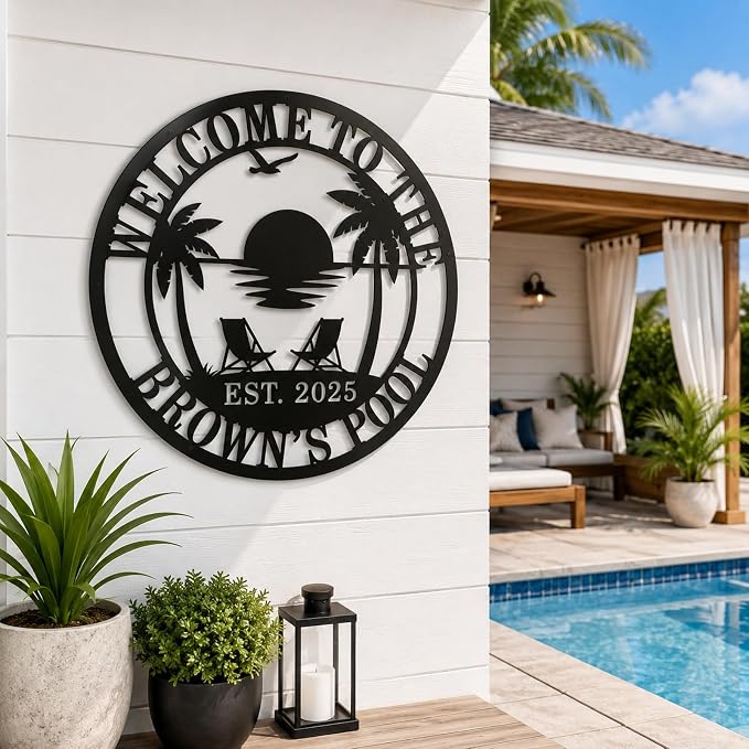 Personalized Backyard Oasis Sign, Patio Sign, Custom Pool signs, Backyard Wall Decor, Tropical Sign, Beach Sign, Metal Sign, House Warming Gifts New Home