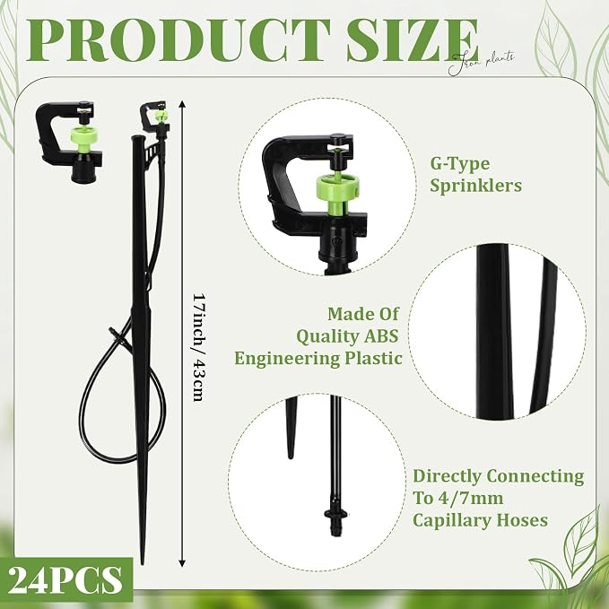 Briwooody 24 Sets 360 Degree Irrigation Sprinkler Heads with Stake Drip Micro Spray Emitters G-Type Adjustable Sprinkler Nozzle with Irrigation Tubing on Riser Stake for Garden Flower Plants Watering