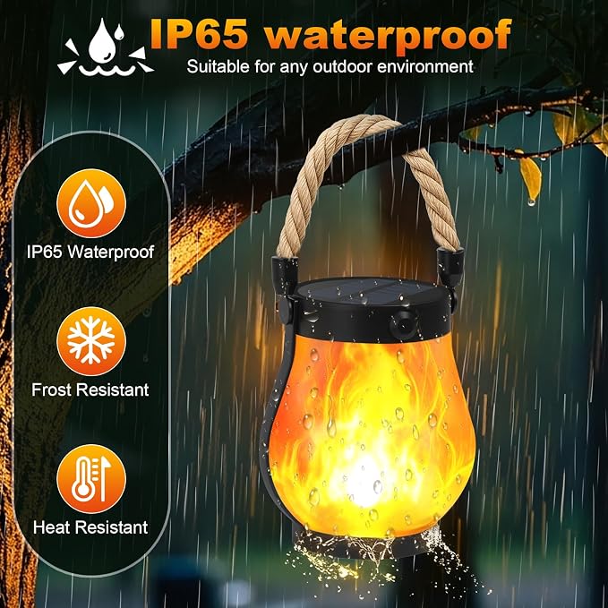 Solar Lanterns Outdoor 4-Pack with Ultra-Real Flame Lights, Dual Charging (USB/Solar), 2 Modes & Outdoor Waterproof Design — Decorative Hanging/Table Lights for Yard, Patio, Garden