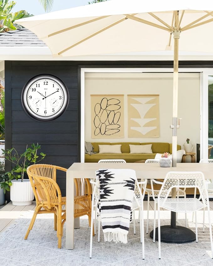 Outdoor Clock Waterproof, 18 Inch Large Outdoor Clocks Weatherproof with Thermometer & Hygrometer Combo, Easy-to-Read Outside Wall Clock for Patio, Garden, Poolside, Backyard-Black Silver
