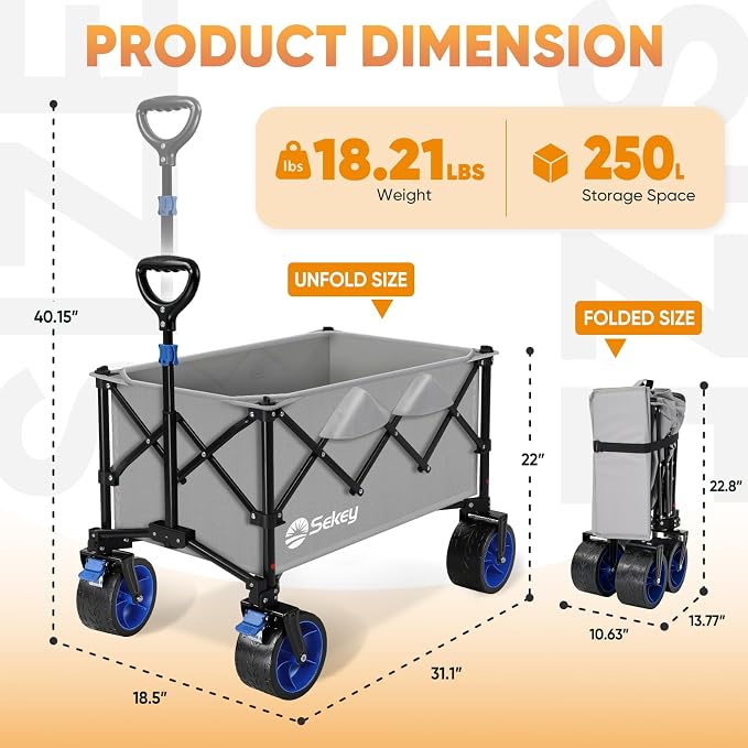Sekey 250L Wagons Carts Foldable with Big All-Terrian Beach Wheels, Collapsible Heavy Duty Wagon, Extra Large Folding Wagon,Foldable Wagon for Camping, Garden, Sports. Gray
