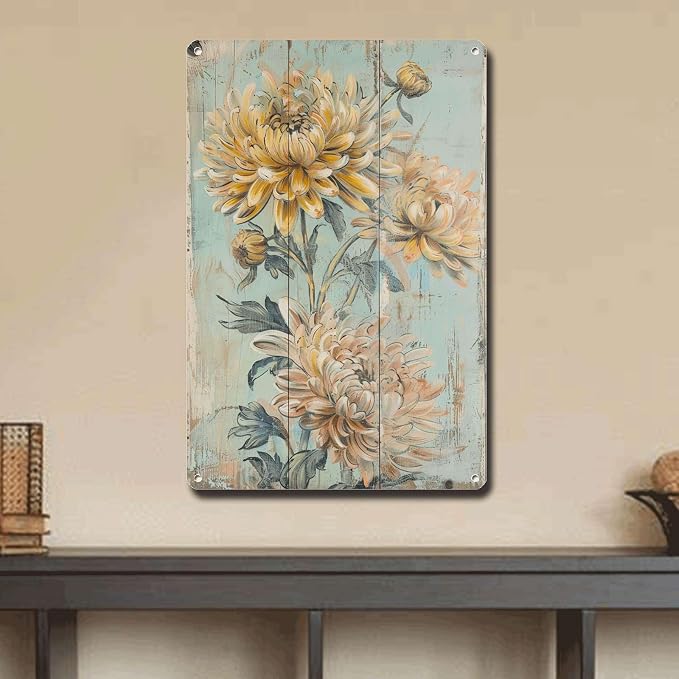 Metal Sign Tin Sign Vintage Wall Art Shabby Chic Chrysanthemum Tin Sign for Rustic Wall Decor Autumn Themed Interiors and Easy to Inst Gardening Decor Gift for Bar 8×12 Inches