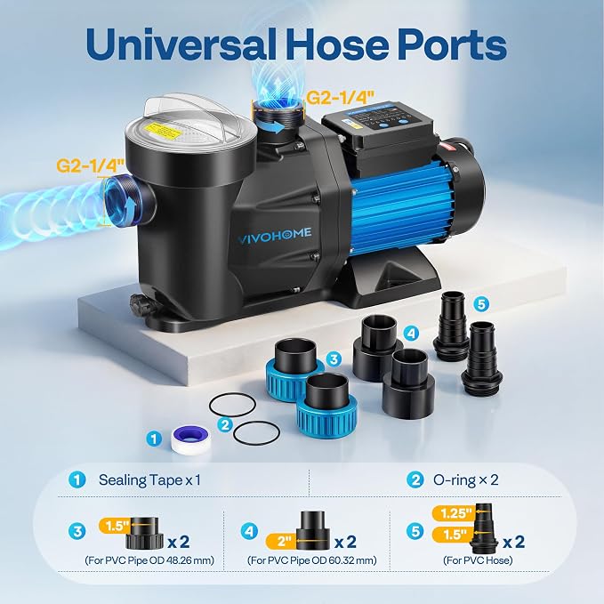 VIVOHOME Self Primming in/Above Ground Swimming Pool Pump w 1.25'' & 1.5" & 2.0'' Unions Energy Saving w/Strainer Baske, 6360 GPH