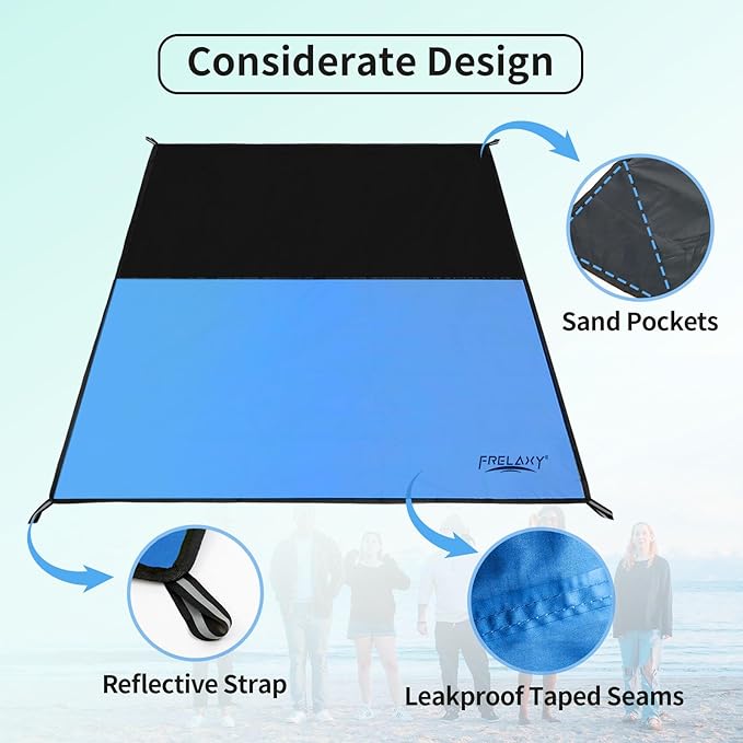 Frelaxy Pocket Picnic Blanket, Waterproof Sandproof Beach Mat, Compact Camping Tarp for Festivals, Hiking, Travel, Outdoor Recreation (Blue, 28'' x 47'')