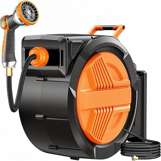 Retractable Garden Hose Reel 5/8” x 100ft, Auto Rewind Hose Reels for Outside, Heavy-Duty Wall-Mounted Outdoor Hose, 10-Mode Nozzle, Adjustable Length, 180° Rotation for Watering, Car Washing
