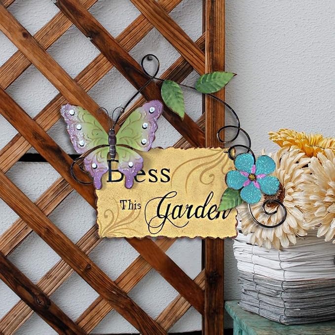 Linfevisi Metal Garden Welcome Sign Decor Rustic Hanging Plaque Decorative Garden Hanging Sign Bless This Garden Door Sign with Butterfly Daisy Outdoor Front Porch Yard 10 Inch (Yellow)