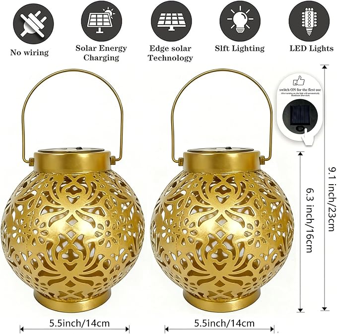 2 Pack Solar Lanterns Outdoor Gifts, IP44 Waterproof Hanging Solar Lights Decor Lamp for Garden, Patio, Pathway, Yard, Porch (Shiny Gold Flower)