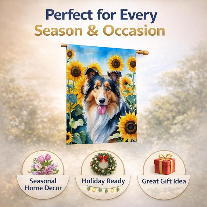 Caroline's Treasures DAC6061CHF Collie in Sunflowers House Flag Large Porch Sleeve Pole Decorative Outside Yard Banner Artwork Wall Hanging, Polyester, House Size, Multicolor