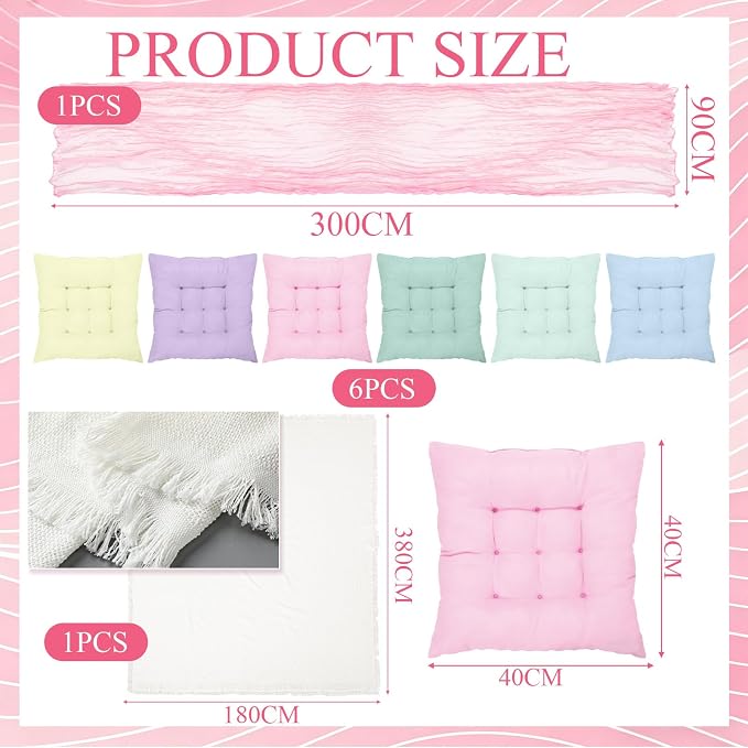 Extra Large Outdoor Picnic Blanket with Table Runner and Floor Pillow Cushion for Picnic Wedding Birthday Baby Shower Backyard Decor(91 x 71'',Pastel,8 Pcs)