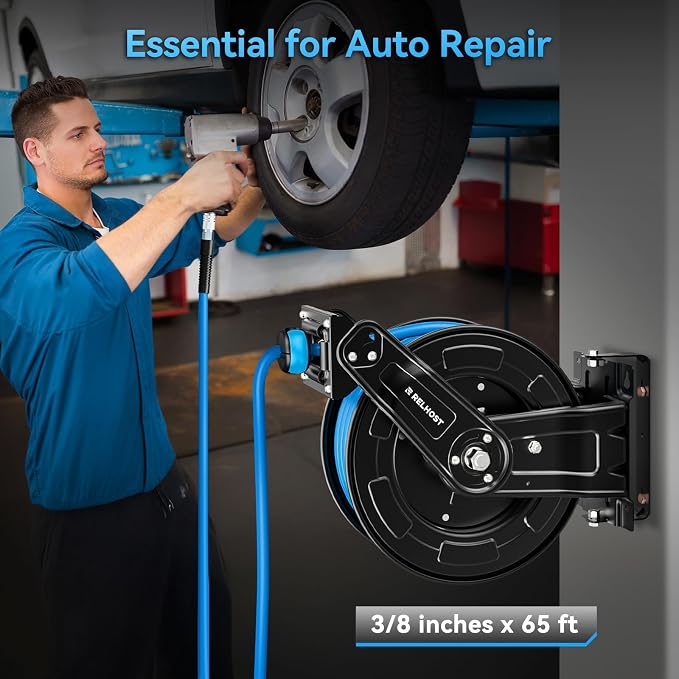 Relhost Retractable Air Hose Reel, 65 ft x 3/8 in Hybrid Air Hose Max 300PSI, Heavy Duty Air Compressor Hose Reel with Dual Arms, Auto Rewind, 180° Swivel Ceiling/Wall Mount for Garages, Workshops