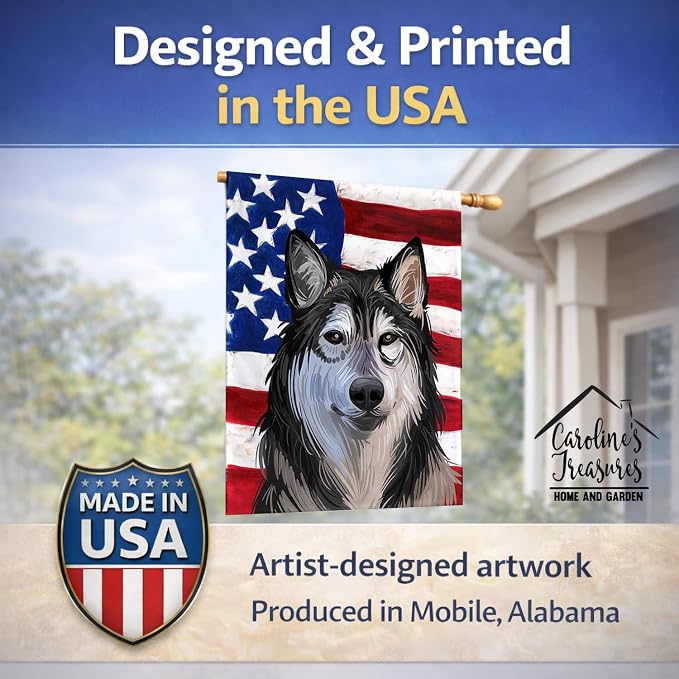 Caroline's Treasures CK6734CHF Tamaskan Dog American Flag House Flag Large Porch Sleeve Pole Decorative Outside Yard Banner Artwork Wall Hanging, Polyester, House Size, Multicolor