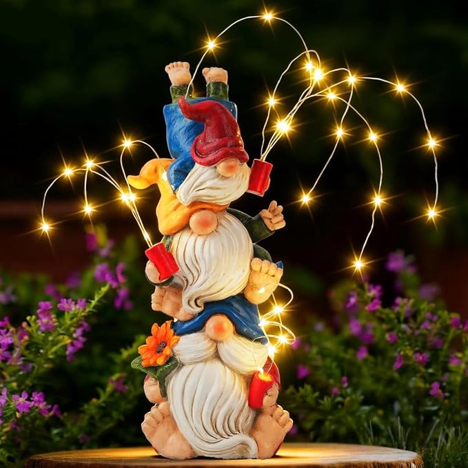 Gnomes Decorations for Yard, Triple Stacked with DIY Firework Lights, Solar Garden Gnome Outdoor Decor Statue for Patio Lawn, Mothers Day Birthday Gift for Mom Grandma (11.5in)