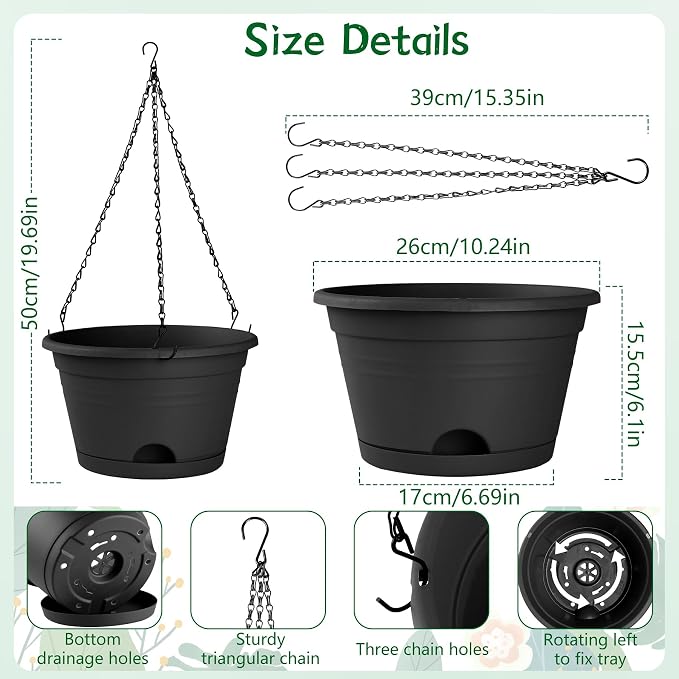 Nooulap 6 Pack Hanging Planters, 10 Inch Plant Pot with Hanger Chain & Drainage Trays, Hanging Baskets for Plants Outdoor Indoor, Hanging Flowers, Vegetables, Herbs (Black-6 Pack, 10 inch)