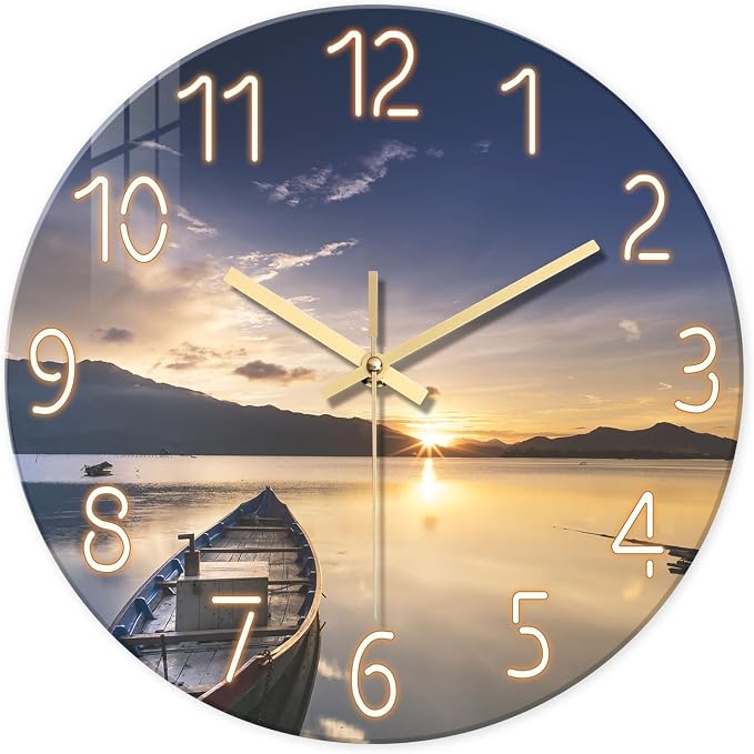 Round Kitchen Wall Clocks Battery Operated 12 Inch | Modern Sunset Decorative Wall Clock for Living Room Bedroom Bathroom Silent Analog Clock for Wall
