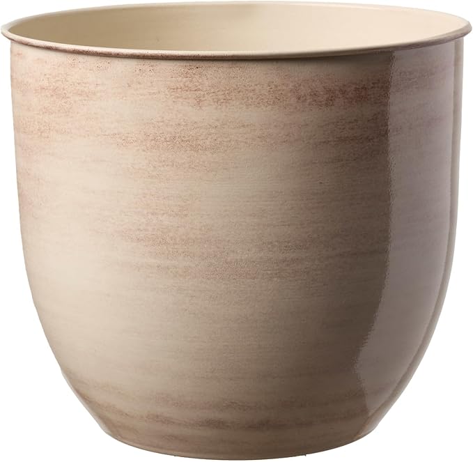 Bloem Canyon 14" Indoor Metal Cachepot - Glossy Decorative Planter with Powder-Coated Finish, Removable Drain Plug, Cream