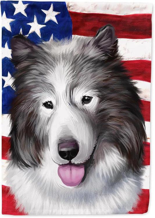 Caroline's Treasures CK6473CHF Canadian Eskimo Dog American Flag House Flag Large Porch Sleeve Pole Decorative Outside Yard Banner Artwork Wall Hanging, Polyester, House Size, Multicolor