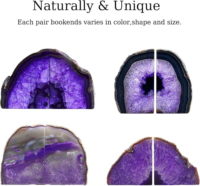 Natural Purple Dyed Agate Geode Bookends - 3 to 4 lb Heavy Duty Rock Crystal Stone Book Ends for Shelves, with Rubber Bumpers, Decorative Book Holders for Home Office