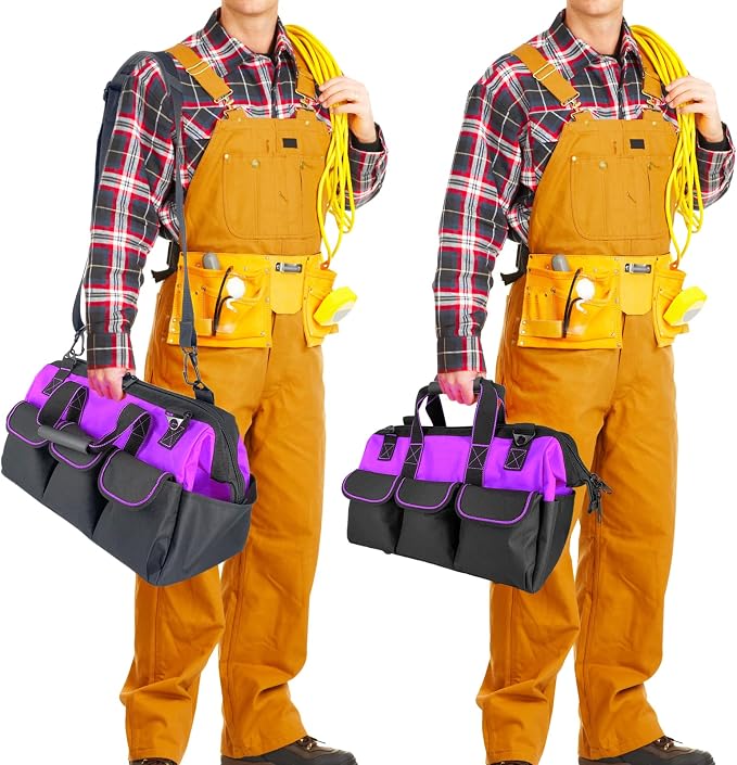 16-inch for women purple Tool Bag Non-slip feet adjustable shoulder strap 14 functional insert pockets,large capacity Men's heavy-duty toolbox,for electricians, carpentry,gardening (Purple)