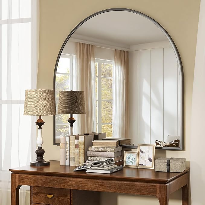 Wide Arched Wall Mirror, 31 x 32 inch Arch Bathroom Mirror Black | Wall Mounted Bathroom Vanity Mirror with Arch Metal Frame, Modern Room Decor for Bedroom, Entryway, Hanging or Leaning