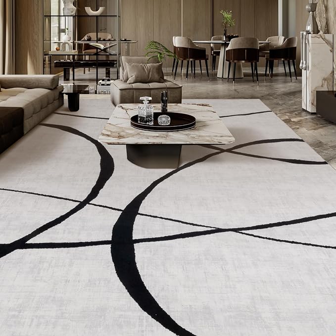 9x12 Washable Modern Abstract Black White Area Rug | Ultra-Thin Low Pile, Non-Slip TPE Backing, Soft Stain Resistant, Machine Washable, for Hallway Entryway Laundry High Traffic