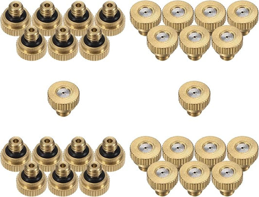M METERXITY 30-Pack Brass Misting Nozzle, 0.028" 0.7mm Orifice 10/24 UNC O-Ring Replacement Mister Nozzles Plug Mister Heads for Garden Patio Outdoor Cooling System Low-Pressure Atomizing