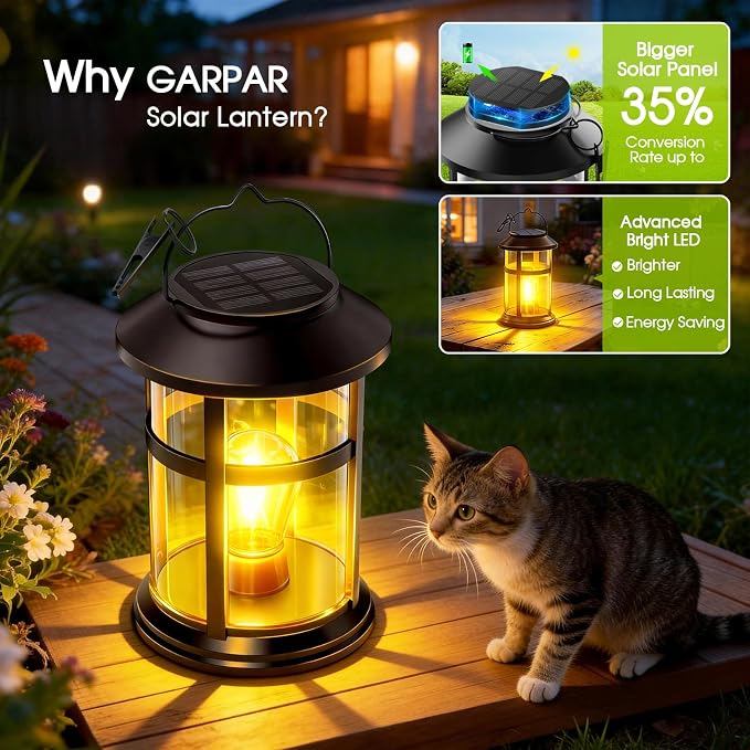 GARPAR Solar Lanterns Outdoor Waterproof, Hanging Solar Lights with Hook | Wall Mount Kit, Brighter LED, 1000mAh Battery, Bigger Solar Panel, Auto On/Off, for Garden, Yard, Patio, Porch Decor