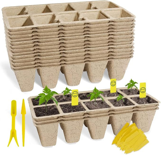 Seed Starter Tray 100 Cells, Biodegradable Peat Pots for Seedlings, 10 Pack 1.8" Square Pulp Nursery Cups with 100 Plant Labels and 2 Transplant Tools for Vegetable Herb