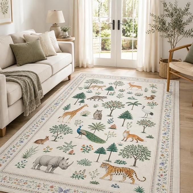 Jungle Animal Rug 3x5 Wild Zoo Animals Forest Area Rug for Entryway Living Room Machine Washable Non-Slip Printed Low-Pile Indoor Floor Carpet for Kids Room Nursery Bedroom Playroom,Beige
