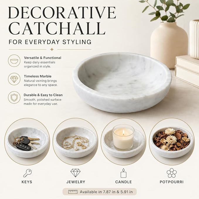 White Marble Decorative Bowl, 7.87-Inch | Natural Stone Catchall Bowl for Keys, Jewelry, Sunglasses and Small Decor, Coffee Table Centerpiece, Entryway Table