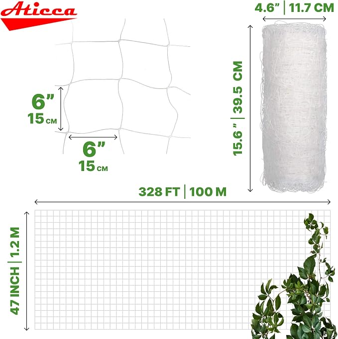 ATICCA Plastic Trellis Netting 47" x 328 ft Heavy Duty Plant Support Netting White - 6 Inch Garden Trellis on Roll - Mesh for Growing Vine Climbing Plants, Flowers, Peas, and Cucumber