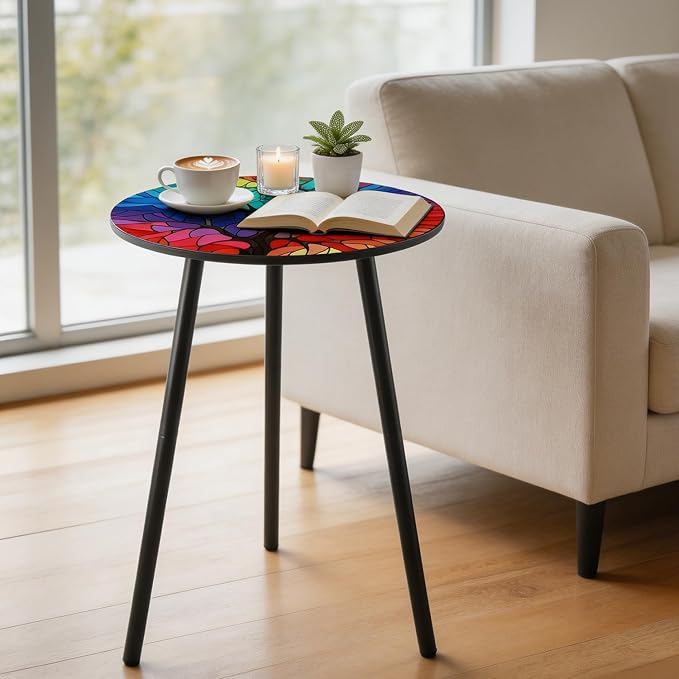 Outdoor Side Table Set of 2 Patio Side Tables for Outside Black End Tables Small Outdoor Table Round Patio End Table Metal Side Table Outside, Indoor, Bedroom, Living Room, Small Spaces, Rainbow Tree