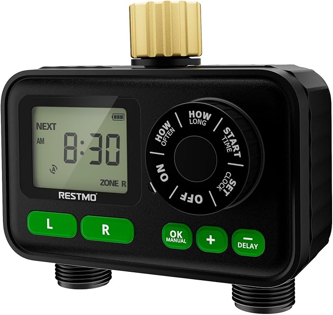 RESTMO 2-Zone Programmable Sprinkler Timer for Outdoor Hose Faucet | Large dial, rain delay & 11h59m max run time with Brass Inlet, automatic irrigation for garden soaker hose & lawn watering