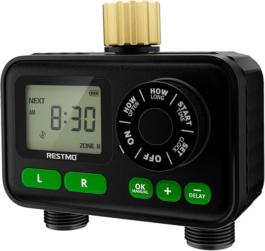 RESTMO 2-Zone Programmable Sprinkler Timer for Outdoor Hose Faucet | Large dial, rain delay & 11h59m max run time with Brass Inlet, automatic irrigation for garden soaker hose & lawn watering