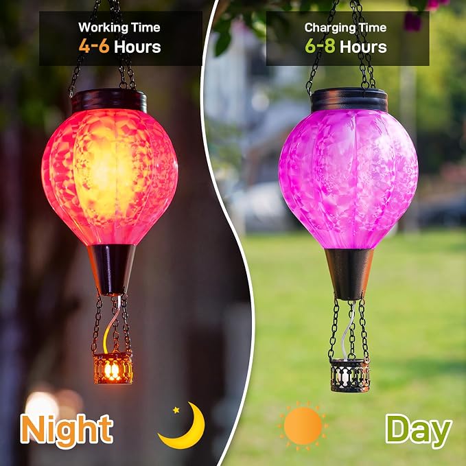 2PC Hot Air Balloon Solar Lantern with Flame, Pink Glass Balloon Lantern Lights Outdoor Waterproof, Hanging Solar Lights for Outside Garden Yard Patio Tree Porch Gift for Women Lovers Mom