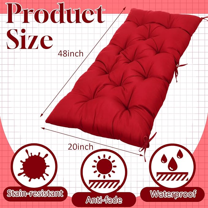 Wenqik Outdoor Bench Cushion 48 x 20 x 3 Inch Waterproof Patio Swing Cushion with Removable Zippered Cover Adjustable Ties Seat Pad for Porch Bench Garden Loveseat (Wine Red, Classic)