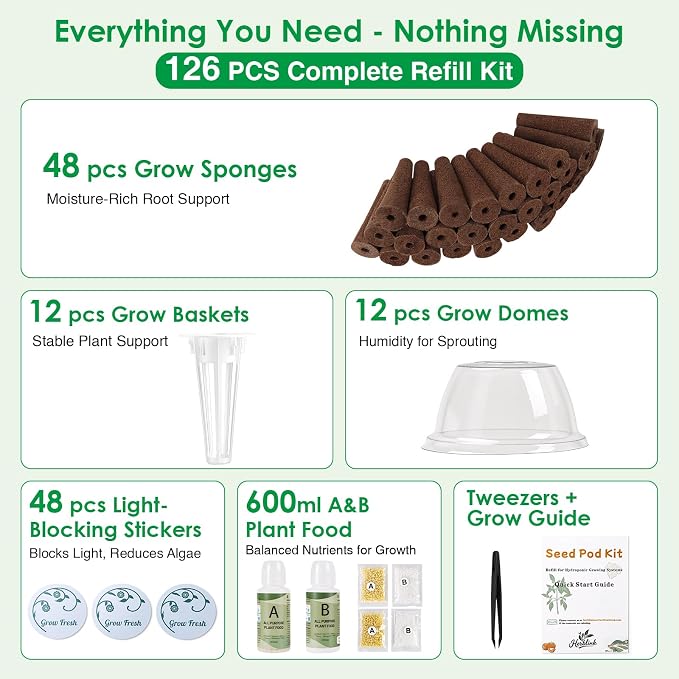 126Pcs Hydroponic Pods Kit for Aerogarden - Hydroponic Refill Pods Supplies for Most Systems, Complete Indoor Herb Garden Refill Kit, Includes Grow Sponges, Baskets, Domes, Labels & Nutrients
