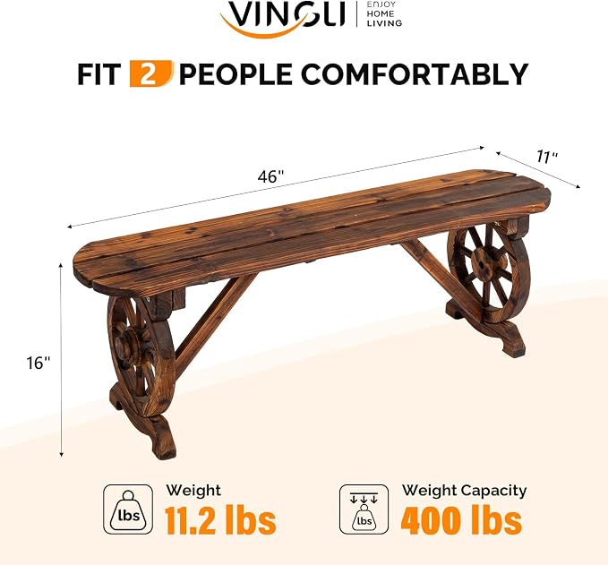 VINGLI Rustic Wooden Wheel Bench Outdoor Bench, Patio Bench Wagon Slatted Seat, Garden Benches for Outdoors 350lbs High Capacity, Weather Resistance (Rustic, 46in)