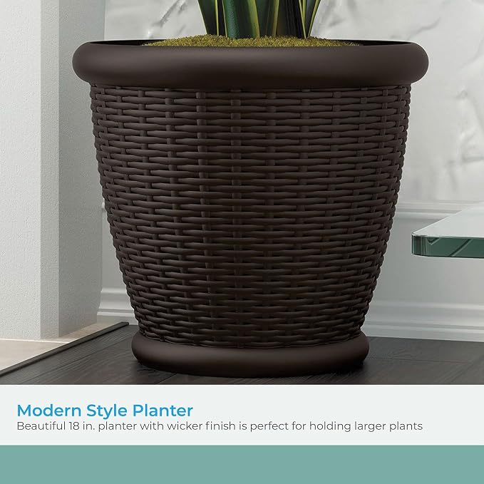 Suncast 3 Pack Wicker Planter w/Drillable Drain Holes, Decorative Indoor/Outdoor Pot, 18in, Java