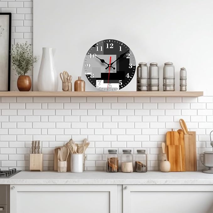 Wall Clock, Abstract Black Gray Geometric Silent Non Ticking Battery Operated Round Decorative Indoor Outdoor Clocks for Living Room Kitchen Bedroom Bathroom Patio 12"