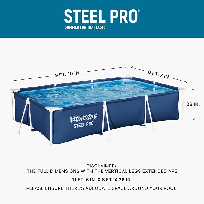 Bestway Steel Pro 9.8' x 6.6' x 26" Above Ground Pool, Rectangular Metal Frame Outdoor Swimming Pool Set with Filter Pump & Type I Cartridge, Blue