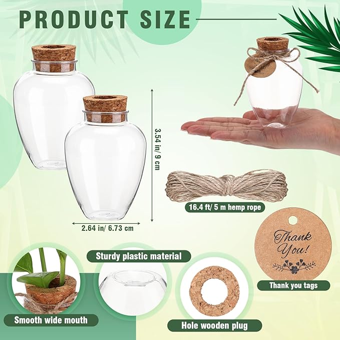 Baderke 12 Pack Big 10oz Plastic Plant Propagation Stations with Hole Lid Planter Vase Clear Propagation Jars with Thank You Tags for Plant Lover Gifts for Women Office Home Garden