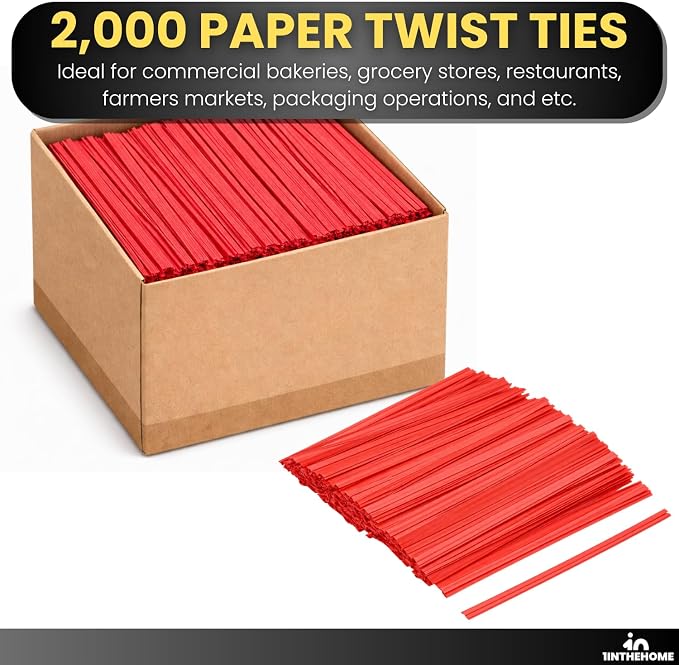Red Twist Ties, Bread Tie, 4" x 3/16" Paper with Single Wire 2000 Pack