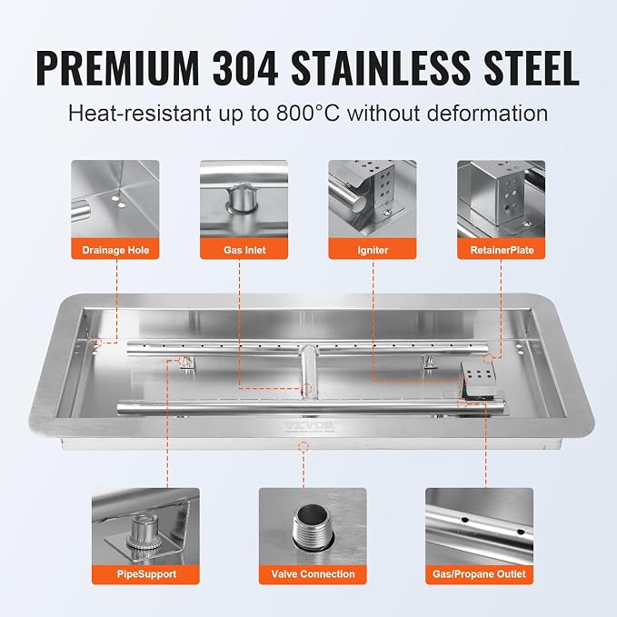 VEVOR 36 x 12 inch Drop-in Fire Pit Pan, Rectangular Stainless Steel Fire Pit Burner Kit, Propane Fire Pan 150,000 BTU with H-Burner for Indoor or Outdoor Use