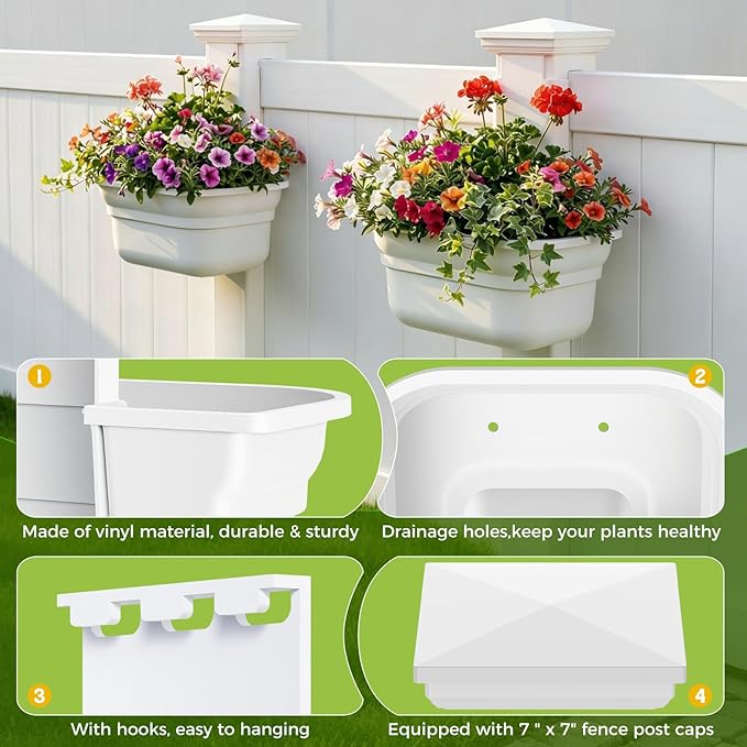 Hanging Planters for Outdoor Plants - Fence Hanging Planters for PVC Fence, Plant Hangers Hanging Plant Flower Pots White with Post Caps for Garden Yard Decor, Easy Install - 4 Pack