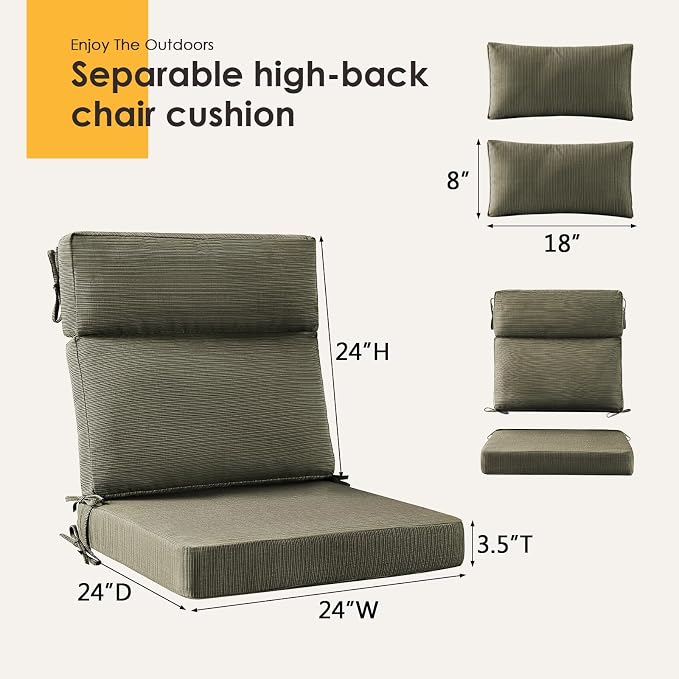 Outdoor High Back Chair Cushion, 2 Pack 48 x 24 inches Patio Chair Cushions Water Repellent Rocking Cushions Indoor Furniture Seat Pad with 2 Pillows, Dark Black Tan Stripe