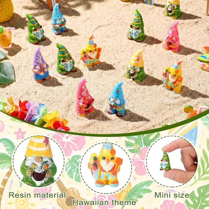 Yaomiao 60 Pcs Mini Hawaii Gnome Figurines Summer Tiny Resin Statues Starfish Plumeria Gnomes Figures Resin Gnome Decorations for Beach Hawaiian Party Favor Gift Tiered Tray Decor