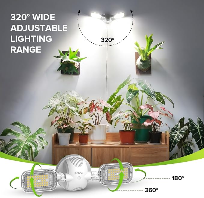 SANSI 60W Wall Mounted Grow Light – Dual Head Full Spectrum Plant Light with Remote, Programmable Timer, Dimmable 4-Level Brightness, 320° Wide Coverage, 4000K Natural Grow Light for Indoor Plants