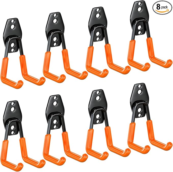 3-H Heavy Duty Garage Wall Hooks 8 Pack, 4.3 Inch Same Size, Anti-Slip PVC Coating Wall Mount Garage Storage Hooks for Ladders, Yard Tools, Shovel, Weed Eater, Hoses,Orange