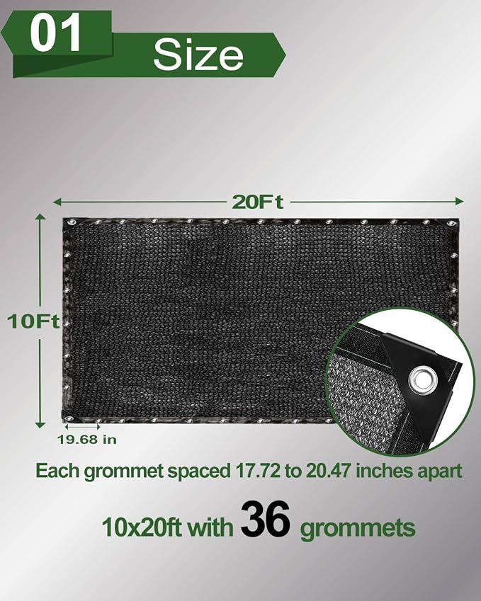 50% Sunblock Shade Cloth Net Black Resistant - 10x20 Ft Garden Shade Mesh for Plant Cover, Greenhouse, Chicken Coop, Kennels, Tomatoes Plants